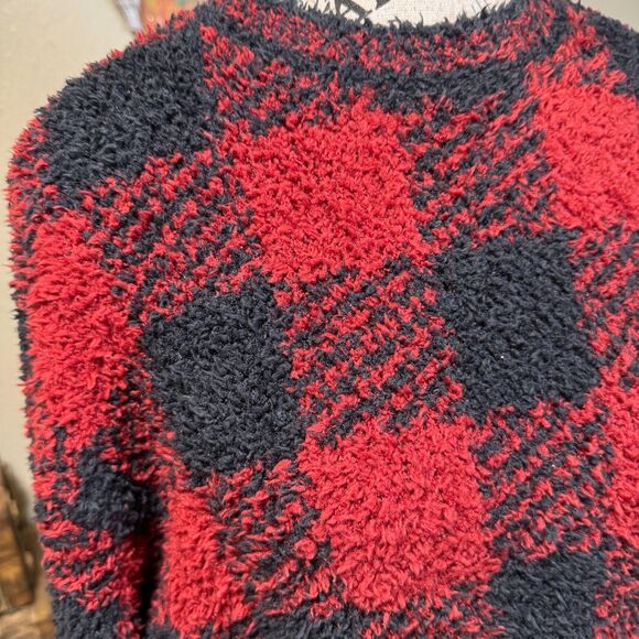 SKIMS Cozy Knit Pullover Sweater Red Black Brick Buffalo Plaid S/M Holiday Comfy - Picture 2 of 8